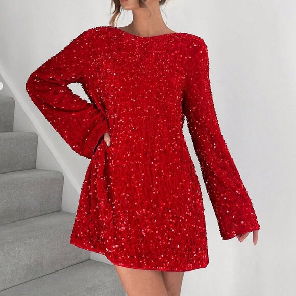 Red Party Women's Sequin Embellished Round Neck Long Sleeve Mini Dress - Picture 5 of 6